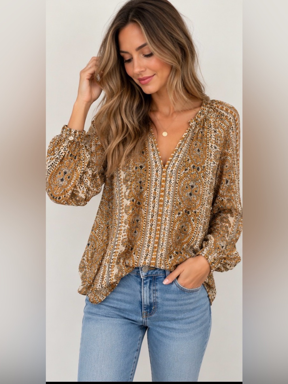 OMIKA Paisley Boho Blouse XS Metallic Lurex Long Sleeve V-Neck